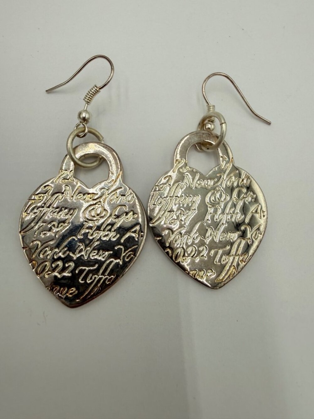 Tiffany & Co. Silver Heart-Shaped Engraved Note Drop Earrings
